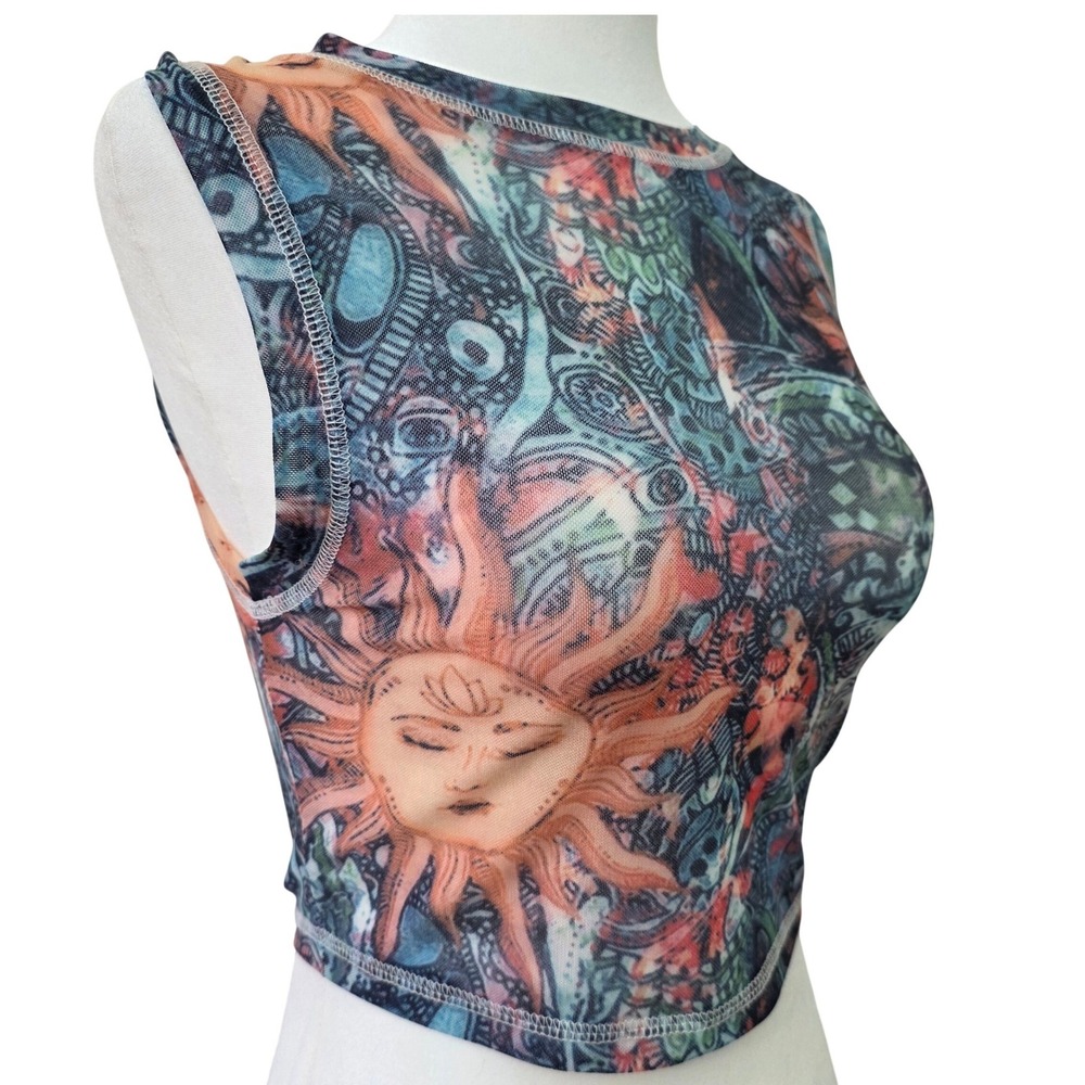 Shein Celestial Sheer Mesh Crop Top Sz XS Sleeveless Y2K Whimsigoth Fairy Grunge